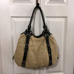 Nwot Jute Shoulder Bag With Black Patent Straps, Silver Buckles And Hardware. Paper Stuffing Still On Inside. Magnetic Closures. Two Main Compartments, 2 Inside Zipper Pockets, 2 Pouch Pockets Is Missing The Long Shoulder Strap 15"W X 11"H X 4"D Strap Drop 10" Black And Tan, Zipper Pocket, Pocket Pouch, Shoulder Strap, Bag Lady, Shoulder Bag, Women Shopping, Silver, Black