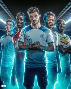 a group of soccer players standing together in front of a neon background with their hands on their chest