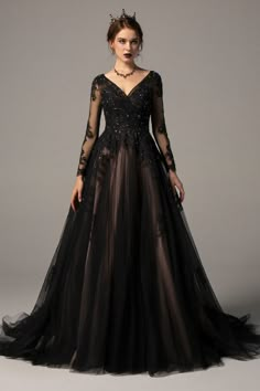 A-Line V-Neck Natural Court Train Tulle Elastic Silk like Satin Long Sleeve Key Hole Wedding Dress with Appliques Beading CW2336 Black Wedding Gowns, Dark Wedding, Applique Wedding Dress, Long Sleeve Gown, Evening Dress Fashion, Princess Wedding Dresses, Gothic Wedding, Black Wedding Dresses, Black Gown