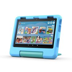 the children's tablet is blue and has various pictures on its display screen,