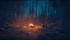 a campfire in the middle of a snowy forest at night with bright lights shining on it