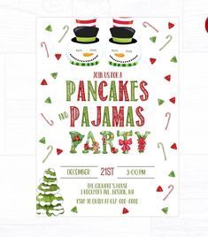 a christmas party flyer with two snowmen in hats and candy canes on it