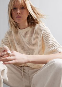 Knitted t-shirt featuring a ribbed, sheer structure.• Relaxed fit• Round neck• Length of t-shirt:51.5cm / 20.3" (Size S) Open Stitch Sweater, Summer Style Guide, Summer Beach Wear, Knitted Tshirt, Elbow Length Sleeve, Fashion Story, Knit Shirt, Swimwear Fashion, Scarf Hairstyles