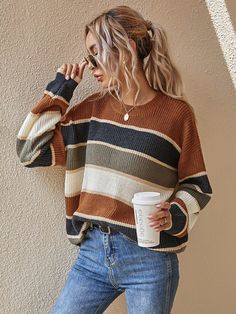 Striped Pattern Oversized Sweater Oversized Striped Sweater, Oversized Sweater Women, Pull Oversize, Drop Shoulder Sweaters, Round Neck Sweaters, Thanksgiving Outfit, Inspired Outfits, Striped Sweater, Oversized Sweater