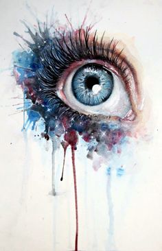 an eye with watercolor paint splatters on it and the iris is blue