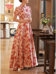 A-Line Evening Gown Chinese Style Dress Engagement Floor Length Half Sleeve Stand Collar Satin with Pearls Strappy Dress Engagement, Gown Elegant, Chinese Style Dress, Evening Dresses Online, Cheap Evening Dresses, Evening Gowns Elegant, Elegant Dress, Polished Look, Half Sleeve