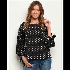 Silky And Perfect For Any Occasion This Top Is Flowy And Ready To Be Paired With Your Favorite Jeans Or Pencil Skirt. Trendy Polka Dot Blouse For Day Out, White Polka Dot Top, Polka Dot Blouse, Women's Shirts, Blouse Fabric, Long Sleeve Tunic, Tunic Blouse, Ladies Tops Fashion, Dot Tops