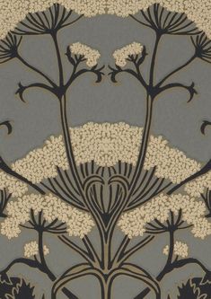 an art nouveau wallpaper design with flowers and leaves on grey background, from the 1920's