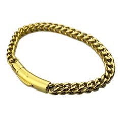 Men's franco chain hip hop bracelet. Measures 9" inch long x 6MM thick. 18K gold plated over stainless steel. Stainless Steel - stamped on clasp. Real solid stainless steel jewelry. Solid weight at approx. 32 grams. Stylish bayonet locking snap clasp. Won't fade or turn your skin green. Super shiny bracelet is very well made. 100% FREE SHIPPING in USA. Order now! Cuban Link Bracelet In Stainless Steel With Gold Chain, Gold Chain Cuban Link Bracelet In Stainless Steel, Stainless Steel Cuban Link Bracelet With Gold Chain, Adjustable Cuban Link Chain Bracelet, Gold-colored Stainless Steel Cuban Link Bracelet, Cuban Link Chain Bracelet With Stainless Steel Clasp, Adjustable Gold Cuban Link Bracelet In Stainless Steel, Gold Cuban Link Stainless Steel Bracelet, Gold Stainless Steel Cuban Link Chain Bracelet