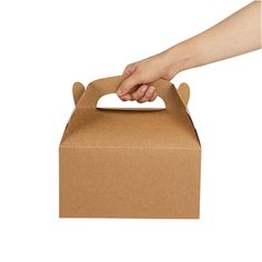 a person's hand reaching into a brown box with a white iron on it