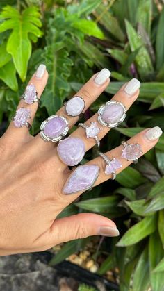 You will receive one kunzite .925 silver ring Choose your ring and size checkout Photos are numbered with size Big Crystal Rings, Pretty Jewellery Silver, Fantasy Jewelry Magic, Afro Jewelry, Kunzite Ring, Whimsical Jewelry, Magical Jewelry, Crystal Necklaces, Crystal Jewellery