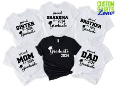 "Custom Family Graduation Shirt, Proud Mom Dad Shirt, Personalized Matching Graduation Gift, Graduate 2024 Shirt, Graduation Family Shirt 🎁 Enjoy your shopping ! Need custom made shirts? Don't hesitate to message us! Thanks for your support! CustomShirtsZone_ Family ----- How To Order ----- 1-) Please, check and review all the photos. 2-) Choose your t-shirt size and color. *Different styles of shirts may have different shades of same color choice due to different manufacturer brands. *For this White Cotton Shirt For Graduation, Custom Print Cotton Tops For Graduation, White Text Print Top For Graduation, Graduation Shirts For Family, Personalized Matches, Custom Made Shirts, Graduation Shirts, Proud Mom, Step Moms