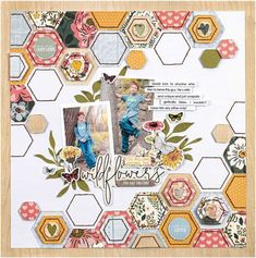 a scrapbook page with hexagons and flowers