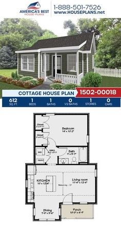 the cottage house plan is shown in blue and white