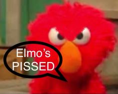 a red bird with a speech bubble saying elmo's pissed