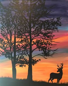 a painting of a deer standing in front of trees at sunset with the sun setting