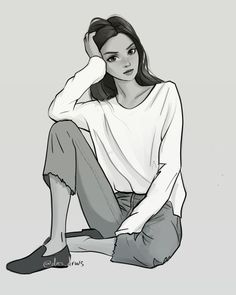 a drawing of a woman sitting on the ground with her hand in her hair and wearing jeans