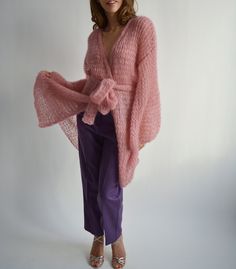 Hello, I'm the one, who won't let you down - mohair cardigan. I will comfort you, keep you warm and will make you smile. I'm 100% hand made and proud of that. I consist of 70% italian kid mohair and 30% of nylon, which makes me incredibly natural. I'm quite unique as could be worn all year long. I'm in one size and one size fits all because my measurements are : ❤️ Width -48 cm ❤️ Lengths -90 cm If you would like me in other size, you could request a custom order with your own parameters, so do Mohair Sweater Knit, Velvet Cardigan, Bohemian Sweater, Chic Cardigan, Cardigan Kimono, Cardigan Oversized, Warm Cardigan, Loose Cardigan, Kimono Pattern