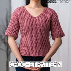 a woman wearing a pink knitted sweater with the words crochet pattern on it