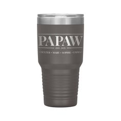 a gray tumbler cup with the words papaw on it and an american flag