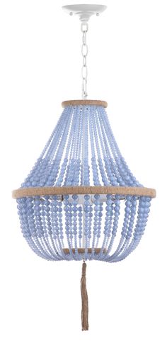 a blue chandelier with beads hanging from it