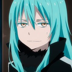 an anime character with blue hair and green eyes looks at the camera while staring straight ahead