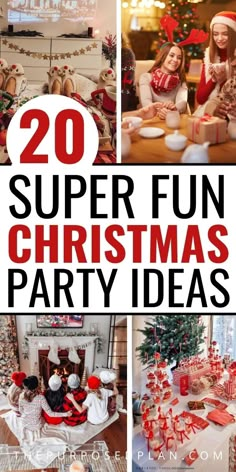 christmas party decorations and gifts with the words 20 super fun christmas party ideas on it