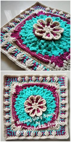 crocheted granny granny square with flowers on top and the words morning glory square below