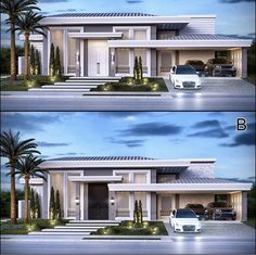 two pictures of the front and back of a house with cars parked in front of it