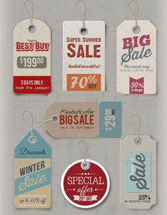 an assortment of sale tags with different styles and colors