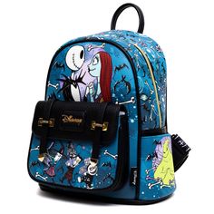 This enchanting LIMITED EDITION fashion mini backpack, bathed in a serene blue hue, celebrates the whimsical charm of Jack and Sally from "The Nightmare Before Christmas." The front panel of the backpack is adorned with an artful depiction of Jack and Sally standing together in a romantic moonlit scene, while the front pocket features your favorite trouble makers Lock, Shock, and Barrel. The back of the backpack features an intricate illustration of Jack & Sally next to one another. Each side po Blue Themed Back-to-school Bag, Blue Disney Bags For Gifts, Disney Style Backpack Bag For Gifts, Disney Style Backpack Bag As Gift, Themed Blue Bags For Gifts, Blue Novelty Bags For Gifts, Novelty Blue Bags For Gifts, Disney Prints, Nightmare Before Christmas Jack Sally