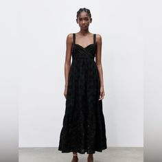 Zara Embroidered Dress. Excellent Condition, Never Worn Size M Chic Embroidered Maxi Dress For Party, Chic Embroidered Evening Maxi Dress, Chic Embroidered Party Maxi Dress, Chic Embroidered Dresses For Night Out, Floral Embroidered Midi Dress For Night Out, Floral Embroidery Midi Dress For Night Out, Midi Length Floral Embroidery Dress For Night Out, Elegant Embroidered Dresses For Date Night, Chic Floral Embroidered Dress For Night Out