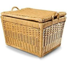 a large wicker basket with handles on the top and bottom, sitting in front of a white background