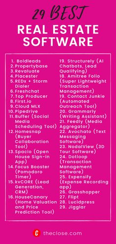 a pink poster with the words real estate software written in black and white on it