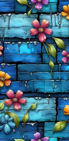 a painting of flowers on a blue brick wall with water dripping down the side and green leaves