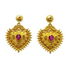 Luxury Gold Ruby Earrings, Luxury Byzantine Style Gemstone Earrings, Ruby Earrings With Intricate Design In Yellow Gold, Luxury Handmade Byzantine Earrings, Exquisite Ruby Gold Earrings, Byzantine Earrings, Velvet Background, Byzantine Gold, Stud Drop Earrings