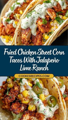 Chicken And Corn Tacos, Yummy Taco Recipes, Delicious Mexican Food Recipes, Best Street Food Recipes, Street Taco Ideas, Crispy Poblano Chicken Tacos With Avocado-jalapeño Salsa, Chicken Street Corn Tacos, Crispy Chicken Tacos Air Fryer, Meals With Fried Chicken