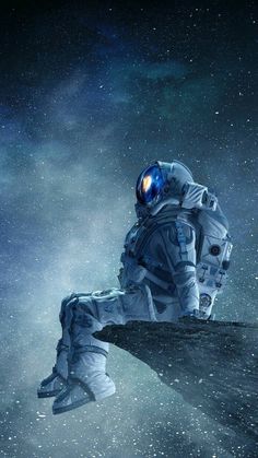 an astronaut sitting on the edge of a cliff in space looking at the stars above