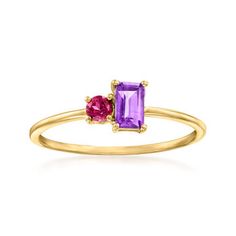 Ross-Simons - .20ct Amethyst, .10ct Rhodolite Garnet Ring in 14kt Yellow Gold. Size 7. RS Pure. Modern designs that complete your outfit and complement your personality. The simple 14kt yellow gold band hosts a bold .20 carat emerald-cut amethyst and .10 carat rhodolite garnet at the center. Wear this dainty ring stacked with all your everyday bands. 3/16" wide. Rhodolite garnet and amethyst ring. Amethyst birthstones are the perfect gift for February birthdays. Yellow Gold Amethyst Birthstone Ring, Amethyst And Garnet Ring, Garnet And Amethyst Ring, Gift Yellow Gold Amethyst Birthstone Ring, Rose Gold Amethyst Ring With Birthstone Detail, 14k Gold Multi-stone Amethyst Promise Ring, Classic Multi-stone Amethyst Ring In 14k Gold, Diamond Ring Cuts, Rhodolite Garnet Ring