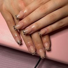 Leopard print French tips, pin NOT mine Short Nail Art French, Nails Acrylic Lepord Print, Square Cheetah Print Nails, Small Design On Nails, Nails With Prints, Cheetah Print Tip Nails, Acrylic Nail Designs Leopard Print, Leopard Print French Tips Square, Nails Inspired 2024