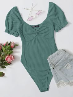 Body tejido de canalé de pecho fruncido de manga farol fruncido | Mode de Mujer | SHEIN España Style Vert, Comfy Jumpsuits, Cadet Blue, Elegant Prom Dresses, Causual Outfits