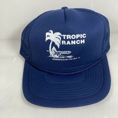 Vintage Snapback Tropic Ranch Florida Blue Hat Trucker Cap Mesh Snapback. See pictures for condition and details. Navy Travel Cap, Blue Adjustable Trucker Hat With Short Brim, Blue Summer Snapback Hat With Short Brim, Blue Snapback Hat With Short Brim For Summer, Casual Blue Hat For Travel, Retro Blue Trucker Hat For Beach, Navy Snapback Trucker Hat For Summer, Casual Navy Trucker Hat With Flat Bill, Blue Baseball Cap With Short Brim For Beach