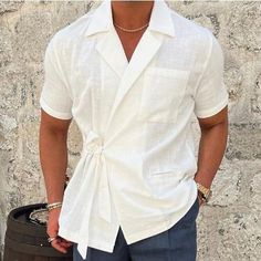 Men's Summer Shirt Beach Shirt Black White Khaki Short Sleeve Plain Lapel Spring & Summer Hawaiian Holiday Clothing Apparel Pocket 2024 - $31.99 Simple Top, Linen Suit, Linen Short, Moda Vintage, Men Shirt Style, Mens Fashion Summer, Mode Vintage, Beach Shirts, Outfit Casual