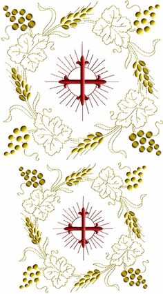 the cross is surrounded by grapes and leaves in this embroidery pattern, which has been stitched together