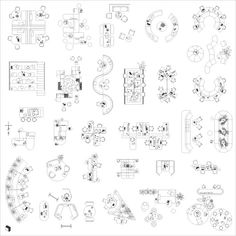 a bunch of office furniture that is drawn in black and white, with the outlines on