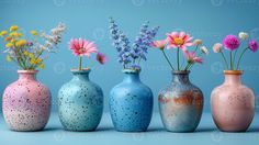 five vases with different flowers in them on a blue background, one has pink and yellow daisies