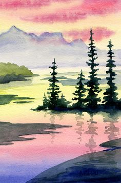 watercolor painting of trees and mountains in the distance