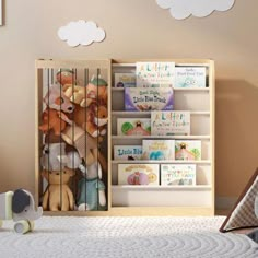 This book display is designed with children in mind. It provides an excellent solution for young readers to access their favorite books. The creative large stuffed animal storage rack can store plush toys, blankets, pillows, books, balls and other items. By having the books displayed in an accessible manner, children are more likely to be attracted to reading. The visibility of book covers is crucial as it stimulates children's curiosity. They can quickly identify the books they want to read bas Shared Room With Baby, Baby Boy Toddler Room, Bench Bookshelf, Hot Air Balloon Room, Nursery Toy Storage, Bookshelf Toy Storage, Toddler Bookshelf, Girl Baby Shower Gifts, Plush Toy Storage