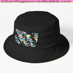 "Coral Reef Sunset Glow" Bucket Hat by SilverPegasus. Black bucket hat with a front abstract design with fluid shapes in yellow, teal and orchid pink.