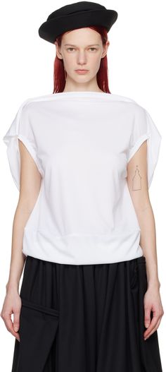 Polyester jersey T-shirt. · Boat neck · Draping at sleeves Supplier color: White T Shirt Cape, White Cape, Comme Des Garcons Black, Cape Tops, Ruffle T Shirt, Comme Des Garcons Shirt, Black Crewneck, Latest T Shirt, White Brand